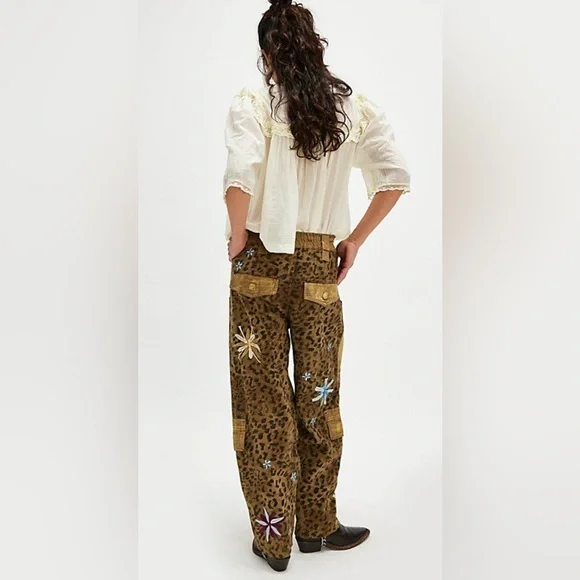 Free People Olive Brown Embroidered Leopard Cargo Joggers - Picture 2 of 6